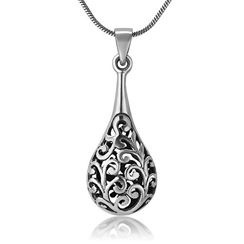 925 Oxidized Sterling Silver Open Filigree 3D Puffed Teardrop Design Pendant Necklace- 18inch 925 Oxidized Sterling Silver Open Filigree 3D Puffed Teardrop Design Pendant Necklace- 18inch