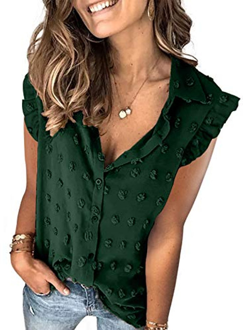 Sidefeel Womens Casual V Neck Swiss Dot Pom Pom Buttom Down Shirt Solid Sleeveless Chiffon Blouse Tops Green XX-Large