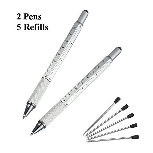 Multifunction Tool Pen, 6 in 1 Tool with Ballpoint Pen, Touch Screen Stylus, Ruler, Spirit Level, Flat-head and Phillips Screwdriver, All-in-One Tech-Tool Pen with Ink Refills (2×Silver + 5×Refills)