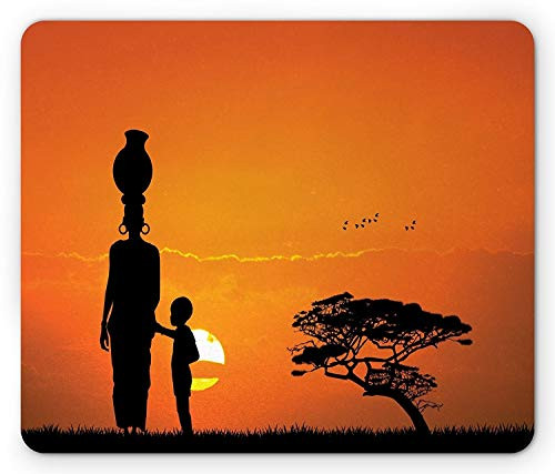 African Mouse Pad- Child and Mother at Sunset Walking in Savannah Desert Dawn Kenya Nature Image- Standard Size Rectangle Non-Slip Rubber Mousepad- Orange Black