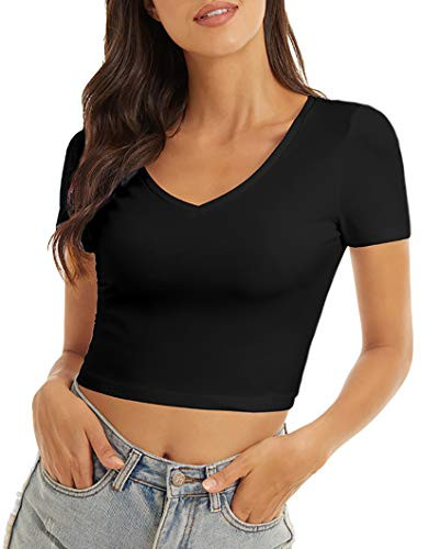 VIIOO Women's Casual Short Sleeve V Neck Crop Top Basic Solid Slim Crop Tee Shirts-Black/V-Neck-S-