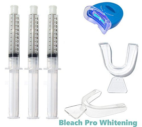 Teeth Whitening Kit 44 percent Carbamide Peroxide Tooth Bleaching Gel Syringe Dispensers 30ml Whitener System- 2 Thermo Forming Dental Trays- LED Acceleration Light