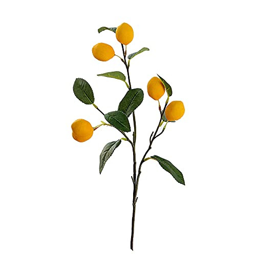 INIFLM Artificial Lemon Branches- Vivid Yellow Faux Lemon Single Branch with 5 Heads Fake Lemon Fruit and Banyan Leaves for Table Kitchen Centerpiece- Home Party- Garden Decoration