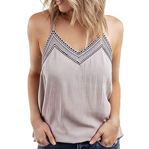 iYYVV Women's V Neck Strappy Embroidery Tank Tops Loose Casual Sleeveless Shirts Blouses Beige
