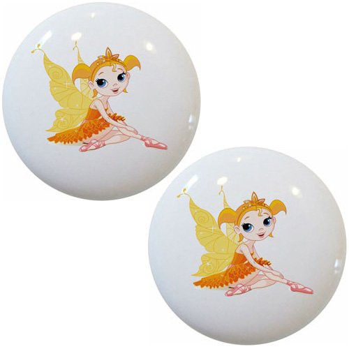 Set of 2 Orange Fairy Ceramic Cabinet Drawer Pull Knobs