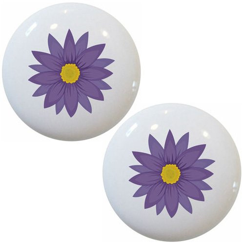 Set of 2 Purple Flower Ceramic Cabinet Drawer Pulls Knobs
