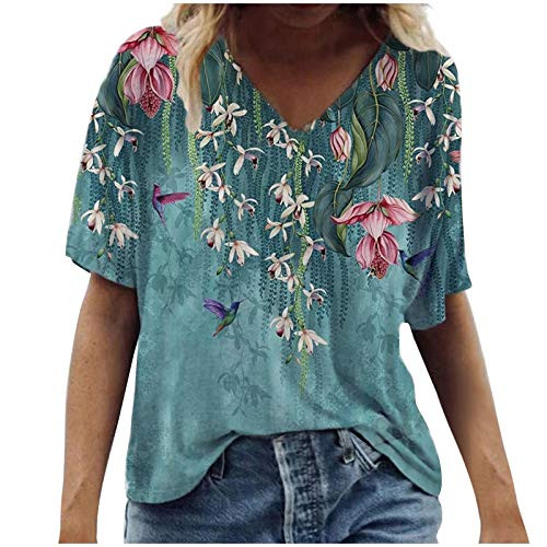 Womens Summer Tops?Women Floral Print Graphic Tees Tops Casual Short Sleeve V Neck Pullover Tshirts Blouse Summer Shirts Tunic T-Shirts Blue