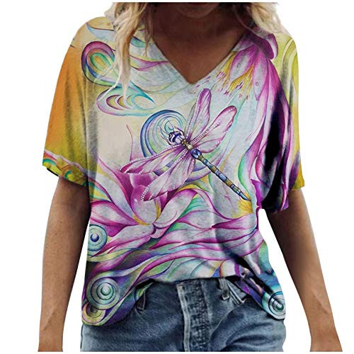 Summer Shirts for Women?Plus Size V Neck Flowers Printing Tunic Tops Flowy Short Sleeve Blouses Shirts Purple