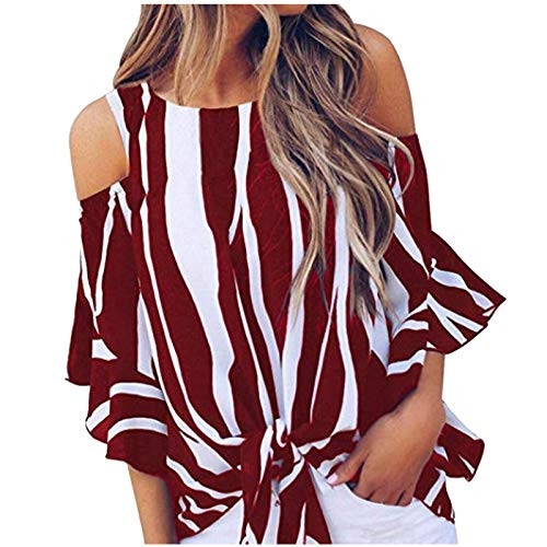 Womens Cold Shoulder Blouse Striped 3/4 Bell Sleeve Shirt Off The Shoulder Tie Knot T Shirt Flared Sleeve Tops S-5XL
