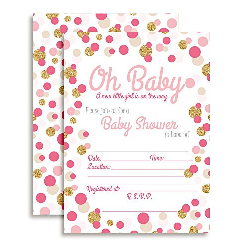 Amanda Creation Polka Dot Pink and Gold Girl Baby Shower Fill in Style Invitations. Set of 20 Including envelopes