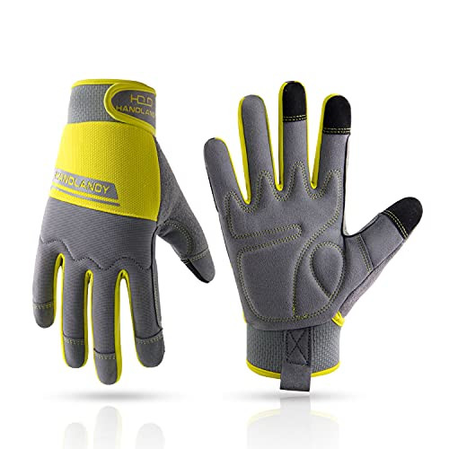 HANDLANDY Work Gloves Mens  and  Women- Utility Safety Mechanic Working Gloves Touch Screen- Flexible Breathable Yard Work Gloves -XS- Grey and Yellow-