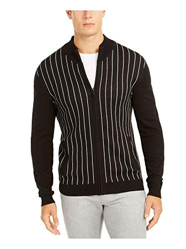 Alfani Mens Sweater White Small Full Zip Striped Knit Black S