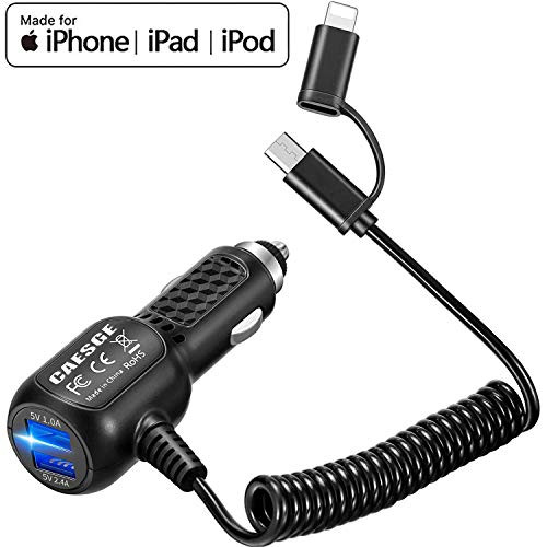 USB Car Charger for iPhone/Android? 2 in 1 Cable Power Cord Connected Car Charger Adapter with iPhone Micro USB Car Charger Dual Port USB Car Phone Charger 24W/4.8A with Coiled USB Cable Built-in Fuse