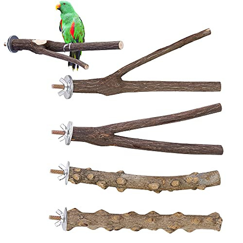 Filhome Bird Perch Stand Toy- 4 Pcs Natural Wood Parrot Parakeet Branch Perch Bird Cage Platform Accessories for Cockatiels Conures Macaws Finches Love Birds