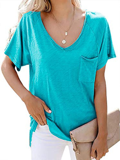 Womens Short Sleeve T Shirt Basic Tee Tops V Neck Loose Summer Shirts with Pocket Side Split Blue- Medium Womens Short Sleeve T Shirt Basic Tee Tops V Neck Loose Summer Shirts with Pocket Side Split Blue- Medium