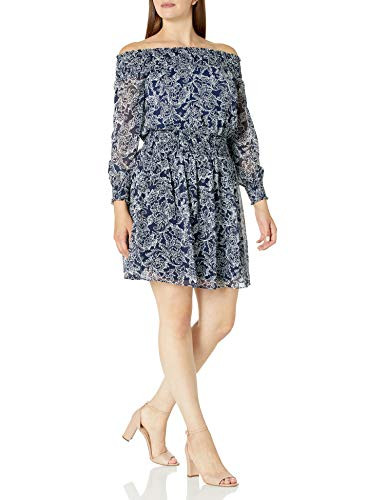 Ronni Nicole Women's Long Sleeve Smocked Printed Chiffon Dress- Navy/White- 6
