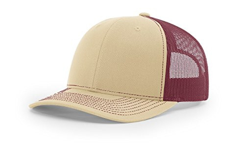 RICHARDSON Khaki/Burgundy 112 Mesh Back Trucker Cap Snapback Hat w/THP No Sweat Headliner