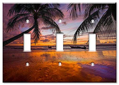 Art Plates 3-Gang Toggle OVERSIZED Switch Plate/OVER SIZE Wall Plate - Orange  and  Purple Sunrise at the Beach