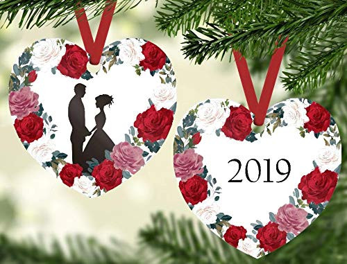 Bride and Groom Silhouette Christmas Ornament - Our First Christmas as Mr. and Mrs. Heart Shaped Ornament 2019