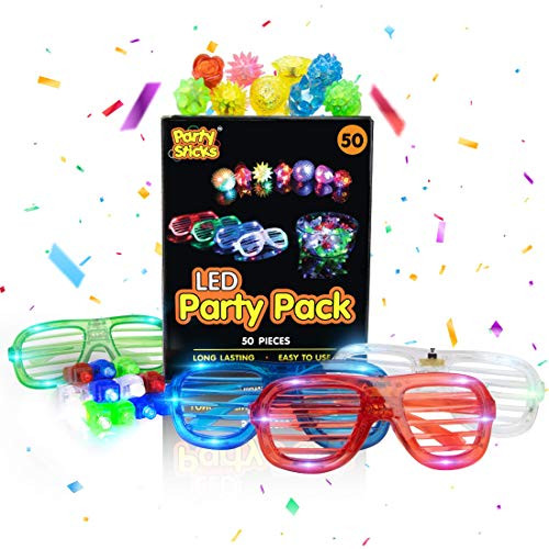 PartySticks 50pk Bulk Glow Party Favors for Kids and Adults - Glow in the Dark Party Supplies with 32 Light Up Finger Lights- 13 Glow Jelly Rings- and 5 LED Light Up Glasses PartySticks 50pk Bulk Glow Party Favors for Kids and Adults - Glow in the Dark Party Supplies with 32 Light Up Finger Lights- 13 Glow Jelly Rings- and 5 LED Light Up Glasses