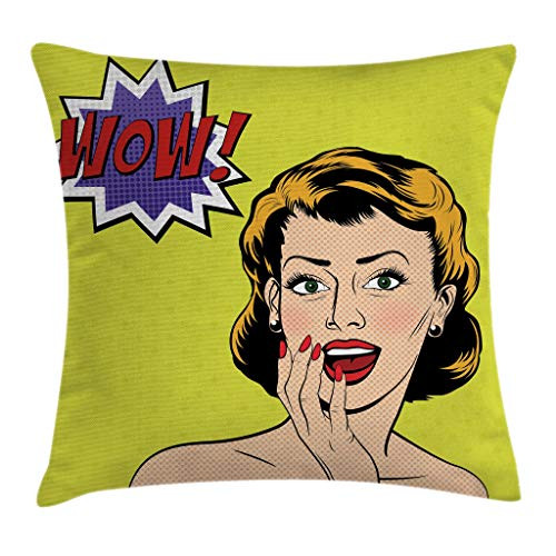 Ambesonne Vintage Throw Pillow Cushion Cover- Retro Woman in The Pop Art Comics Wow Surprised Expression Illustration- Decorative Square Accent Pillow Case- 16inch X 16inch- Marigold Yellow