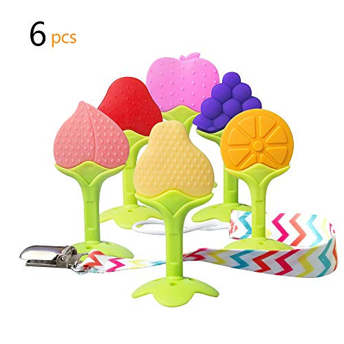 QMOEH Fruit Teether, FDA Approved BPA-Free Soft Silicone Baby Teething Toys Teething Keys with Pacifier Clip/ Holder for Toddlers & Infants, 6 Pack QMOEH Fruit Teether, FDA Approved BPA-Free Soft Silicone Baby Teething Toys Teething Keys with Pacifier Clip/ Holder for Toddlers & Infants, 6 Pack
