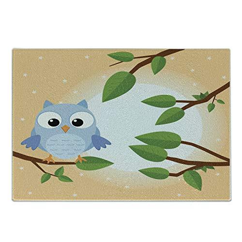 Ambesonne Owl Print Cutting Board- Pattern of a Flying Creature on a Tree Branch in a Sunny Forest- Decorative Tempered Glass Cutting and Serving Board- Large Size- Peach
