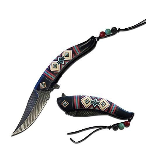MTECH USA 8.5inch Native American Indian Spring Assisted Open Pocket Knife Damascus Feather