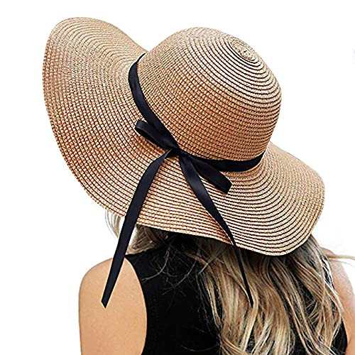 ZOORON Womens Floppy Summer Sun Beach Straw Hat- Foldable Wide Brim Hats with Bowknot UPF50 Khaki