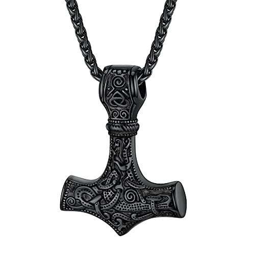 U7 Viking Rune Jewelry Vintage Black Celtic Knot Mjolnir Thor's Hammer Pendant Necklace for Men