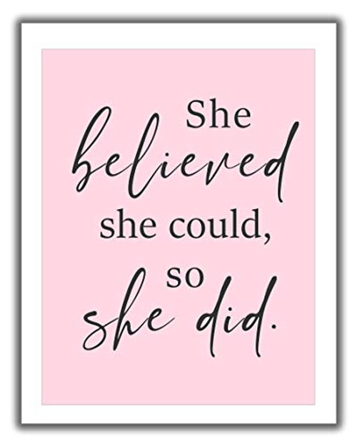 Inspirational Wall Art Print for Women - 11x14 UNFRAMED Minimalist Typography -inchShe Believed She Could- So She Did'. Black Text on White  and  Pink.