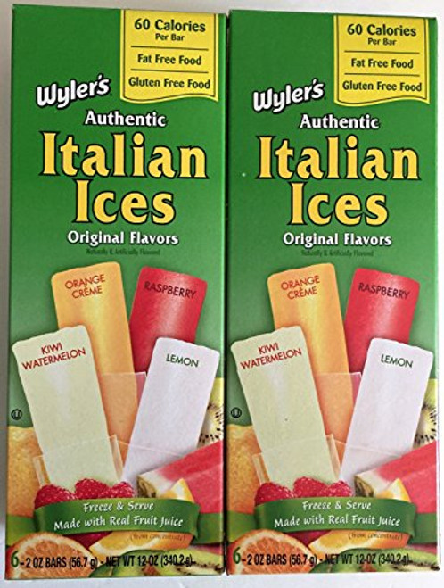 Wylers Authentic Italian Ices Assorted Flavors- Kiwi Watermelon- Orange Creme- Raspberry- Lemon - 12 oz Boxes -2 Pack -- 12 Bars-