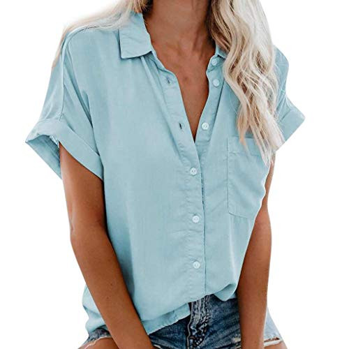 aihihe Womens Short Sleeve Button Down Shirts V Neck Blouse Shirts Casual Loose Collared Tops with Pockets Light Blue
