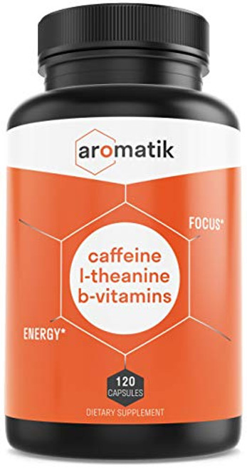 Aromatik Caffeine L Theanine Focus Supplement | Caffeine -100 mg- Plus L-Theanine -200 mg- Plus B Vitamins | Energy Focus Cognition | Made in The USA at an FDA Registered Facility | 120 Vegan Capsules