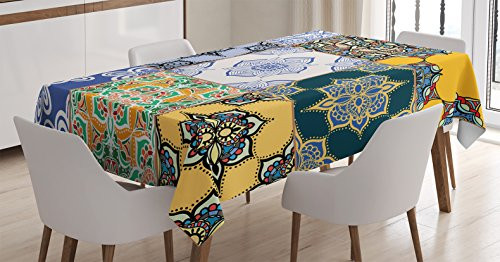 Ambesonne Moroccan Tablecloth- Portuguese Tile Patterns Various Tones Textures Bohemian Print- Rectangular Table Cover for Dining Room Kitchen Decor- 52inch X 70inch- Ivory Yellow