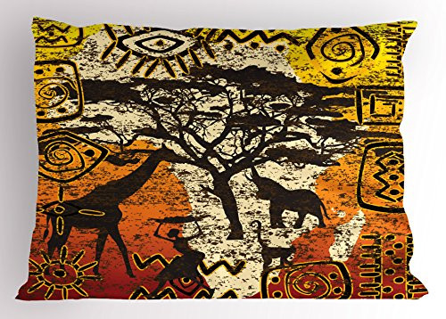 Lunarable African Pillow Sham- Animals Safari Theme Cultural Art Grunge Bohemian- Decorative Standard King Size Printed Pillowcase- 36inch X 20inch- Orange Yellow