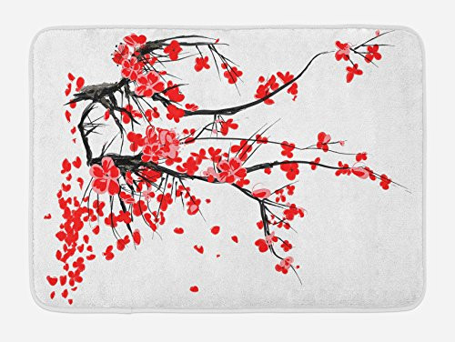 Ambesonne Floral Bath Mat- Japanese Cherry Blossom Sakura Blooms Branch Spring Inspirations Print- Plush Bathroom Decor Mat with Non Slip Backing- 29.5inch X 17.5inch- Vermilion White