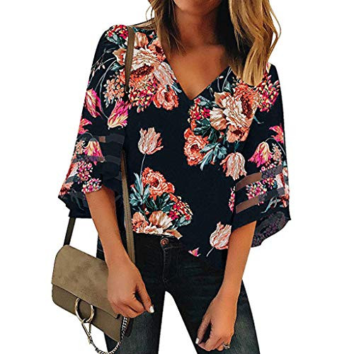QIQIU Womens Sexy Mesh Panel 3/4 Bell Sleeve V Neck Floral Print Loose Tops Shirt Blouses Navy