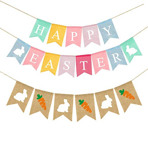 Easter Burlap Banner Decorations Happy Easter Bunny Rabbit Carrot Bunting Pre-Assembly- No DIY Required Banners Colorful Balls Garlands for Easter Party Supply
