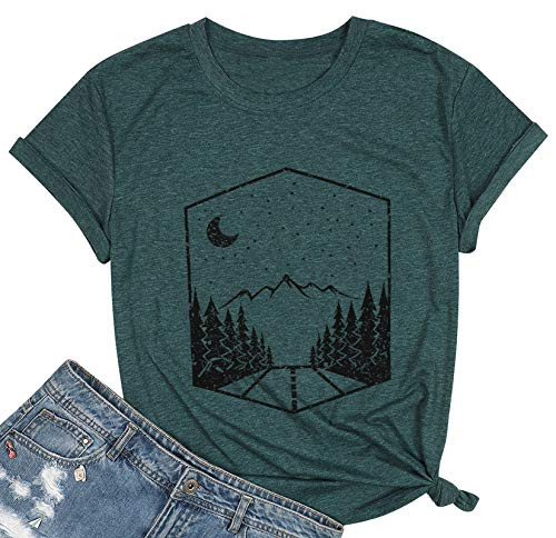 Camping T Shirt Women Mountain Graphic Tee Outdoors Hiking Shirt Short Sleeve Hiker Tee Tops -Dark Green- M-