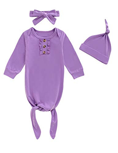 Dramiposs Newborn Infant Coming Home Outfit Baby Girls Cotton Soft Nightgowns with Hat and Headband -Purple01-0-3 Months-