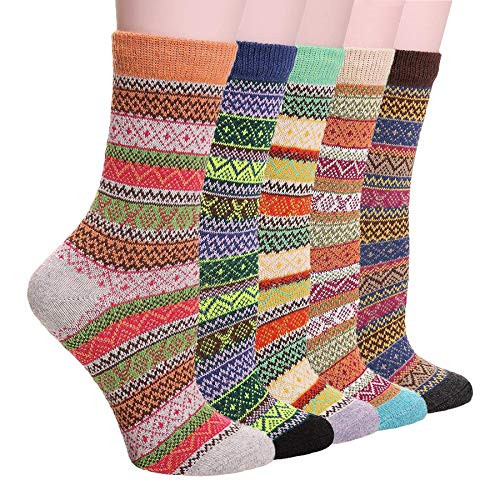 Qiangyun Womens Wool Socks Thick Warm Winter Vintage Knit Comfort Casual Cotton Crew Socks Gifts 5 Pairs -Y-1-