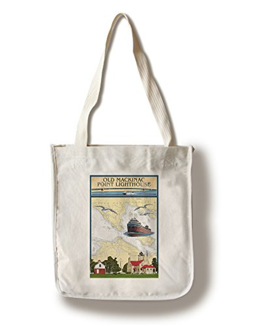 Lantern Press Mackinac- Michigan- Old Mackinac Point Lighthouse- Nautical Chart -100 percent Cotton Tote Bag- Reusable-