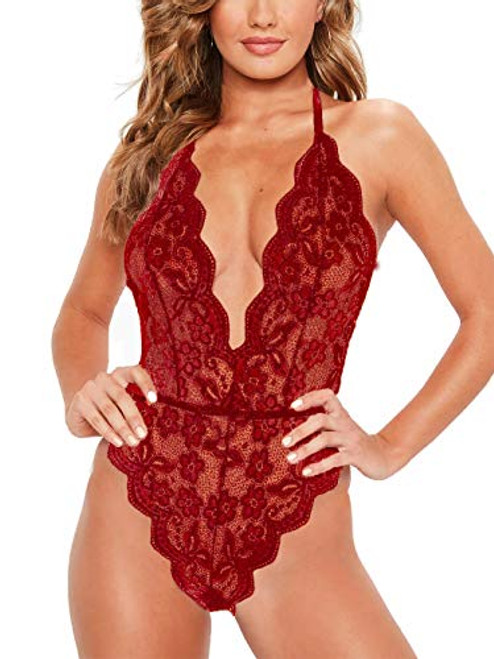 Kitty-Kitty High Cut Halter Deep V Neck Lingerie Floral Lace Bodysuit Plunge Teddy See Through Sexy Babydoll Red Large
