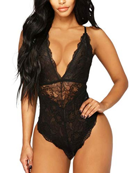 Kitty-Kitty V-Neck See Through Lingerie Floral Lace Babydoll Sexy Lingerie For Women One Piece Bodysuit Black Large