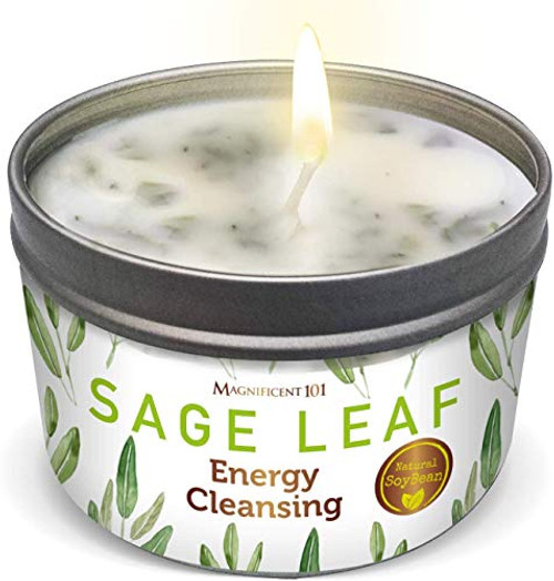 MAGNIFICENT101 Smudge Candle Filled with Sage Leaves for House Energy Cleansing- Banishes Negative Energy I Purification and Chakra Healing - Natural Soy Wax Tin Candle for Aromatherapy -Sage Leaf- MAGNIFICENT101 Smudge Candle Filled with Sage Leaves for House Energy Cleansing- Banishes Negative Energy I Purification and Chakra Healing - Natural Soy Wax Tin Candle for Aromatherapy -Sage Leaf-