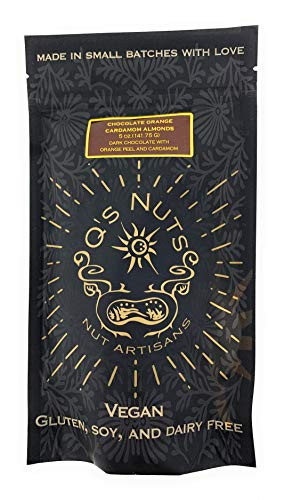 Qs Nuts- Chocolate Orange Cardamom Almonds- Nut Artisan - No Gluten- Soy or Dairy - Organic Dark Chocolate- Raw Can Sugar- Fresh Orange Peel And Cardamom- 5 Oz / Ounce- Pack of 1