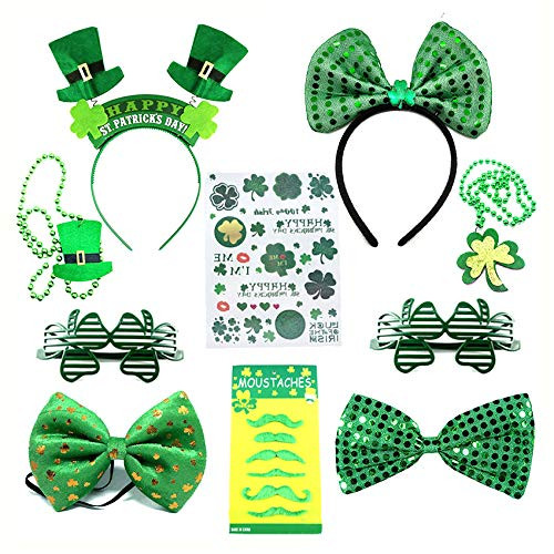 St. Patrick's Day Accessory Saint Patricks Party Favors with St Patricks Shamrock Fedora Hat- Beads Necklace Mustaches Sequin Bow Light-up Glasses Temporary Tattoos and Rubber Bracelets