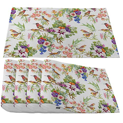 Moslion Wild Exotic Birds Placemats-Watercolor Tropical Jungle Birds On Branch and Flowers Multicolor Place Mats for Dining Table/Kitchen Table-Waterproof Washable Outdoor Dinner Table Mats-Set of 4