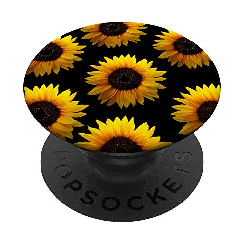 black with design flowers cute sunflower floral pattern PopSockets PopGrip- Swappable Grip for Phones  and  Tablets